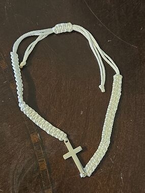 Silver Tone Cross Macramé Adjustable Bracelet - White